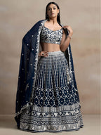 Tulsi Art Great Navy Blue Thread Embroidered Georgette Wedding Lehenga Choli | Grocsy