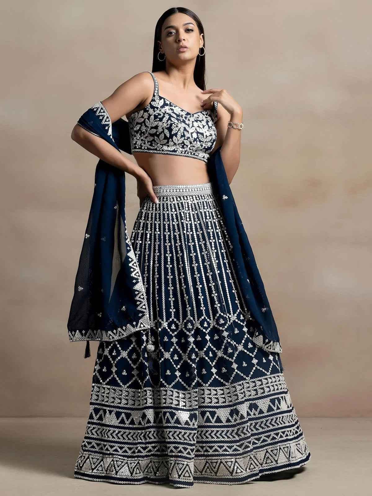 Tulsi Art Great Navy Blue Thread Embroidered Georgette Wedding Lehenga Choli | Grocsy