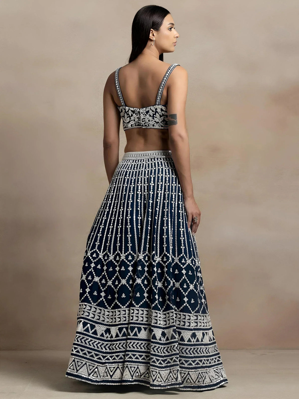 Tulsi Art Great Navy Blue Thread Embroidered Georgette Wedding Lehenga Choli | Grocsy
