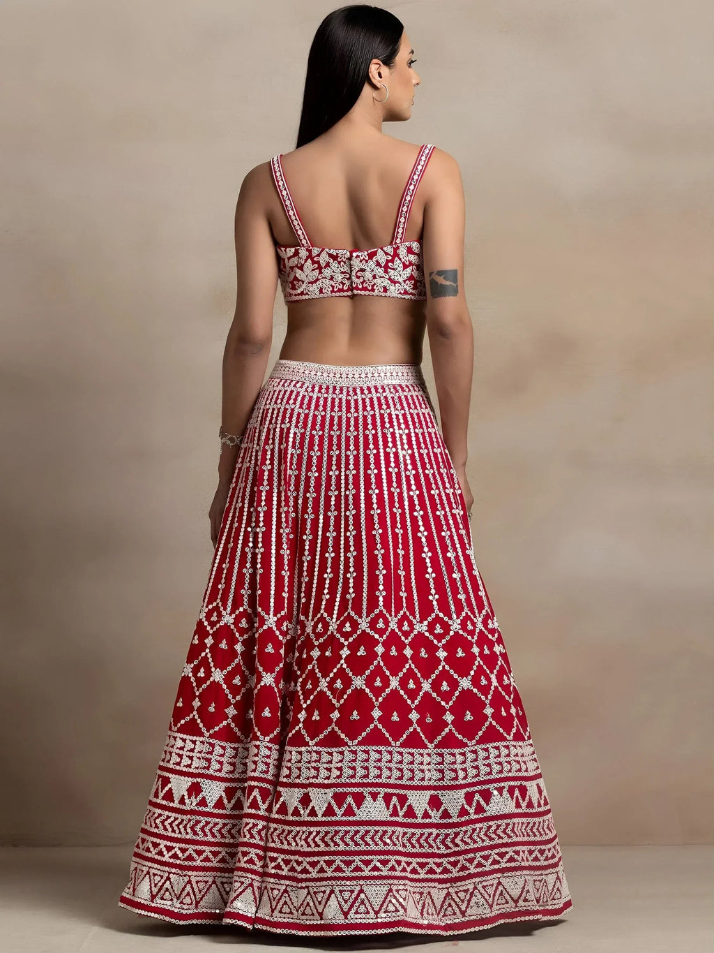 Tulsi Art Marvelous Red Thread Work Georgette Sangeet Wear Lehenga Choli | Grocsy