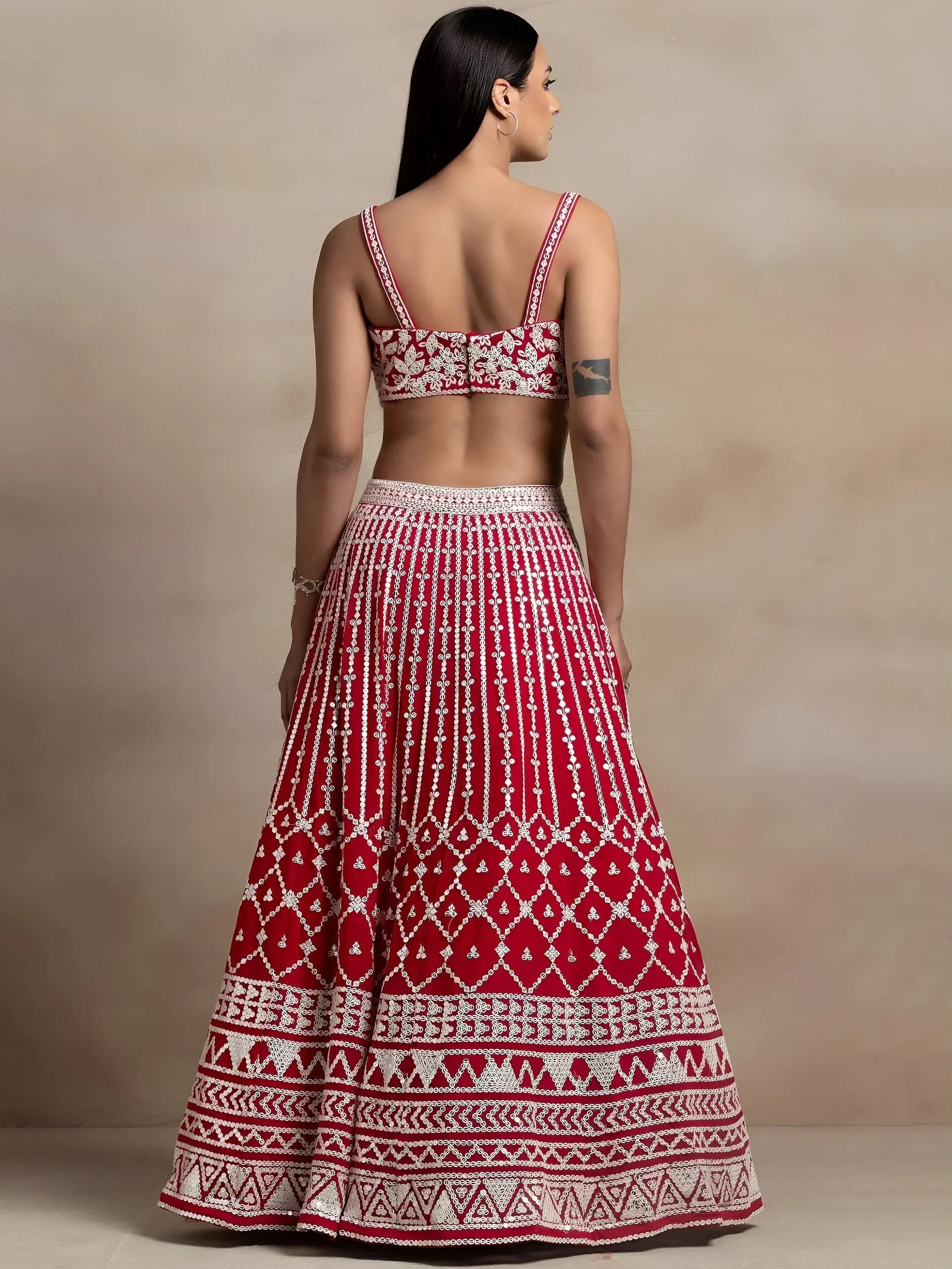 Tulsi Art Marvelous Red Thread Work Georgette Sangeet Wear Lehenga Choli | Grocsy