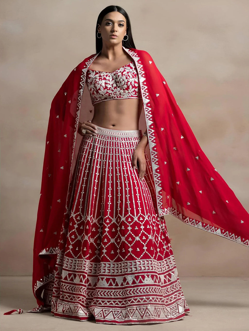 Tulsi Art Marvelous Red Thread Work Georgette Sangeet Wear Lehenga Choli | Grocsy