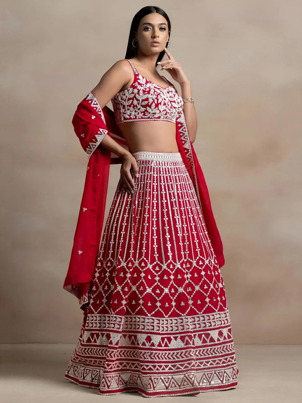 Tulsi Art Marvelous Red Thread Work Georgette Sangeet Wear Lehenga Choli | Grocsy