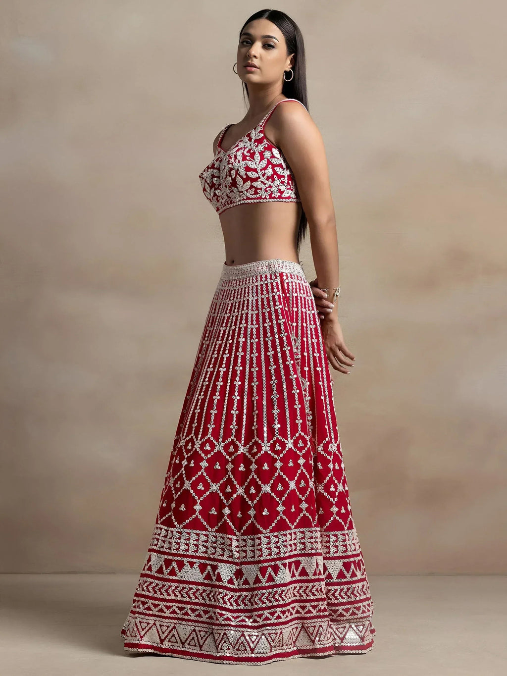 Tulsi Art Marvelous Red Thread Work Georgette Sangeet Wear Lehenga Choli | Grocsy