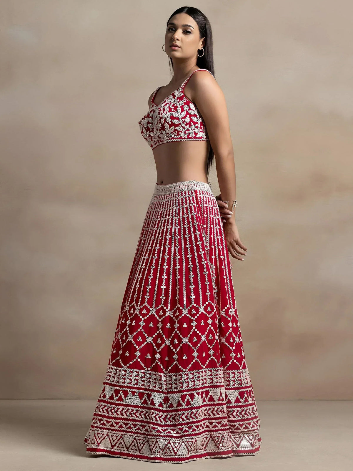 Tulsi Art Marvelous Red Thread Work Georgette Sangeet Wear Lehenga Choli | Grocsy