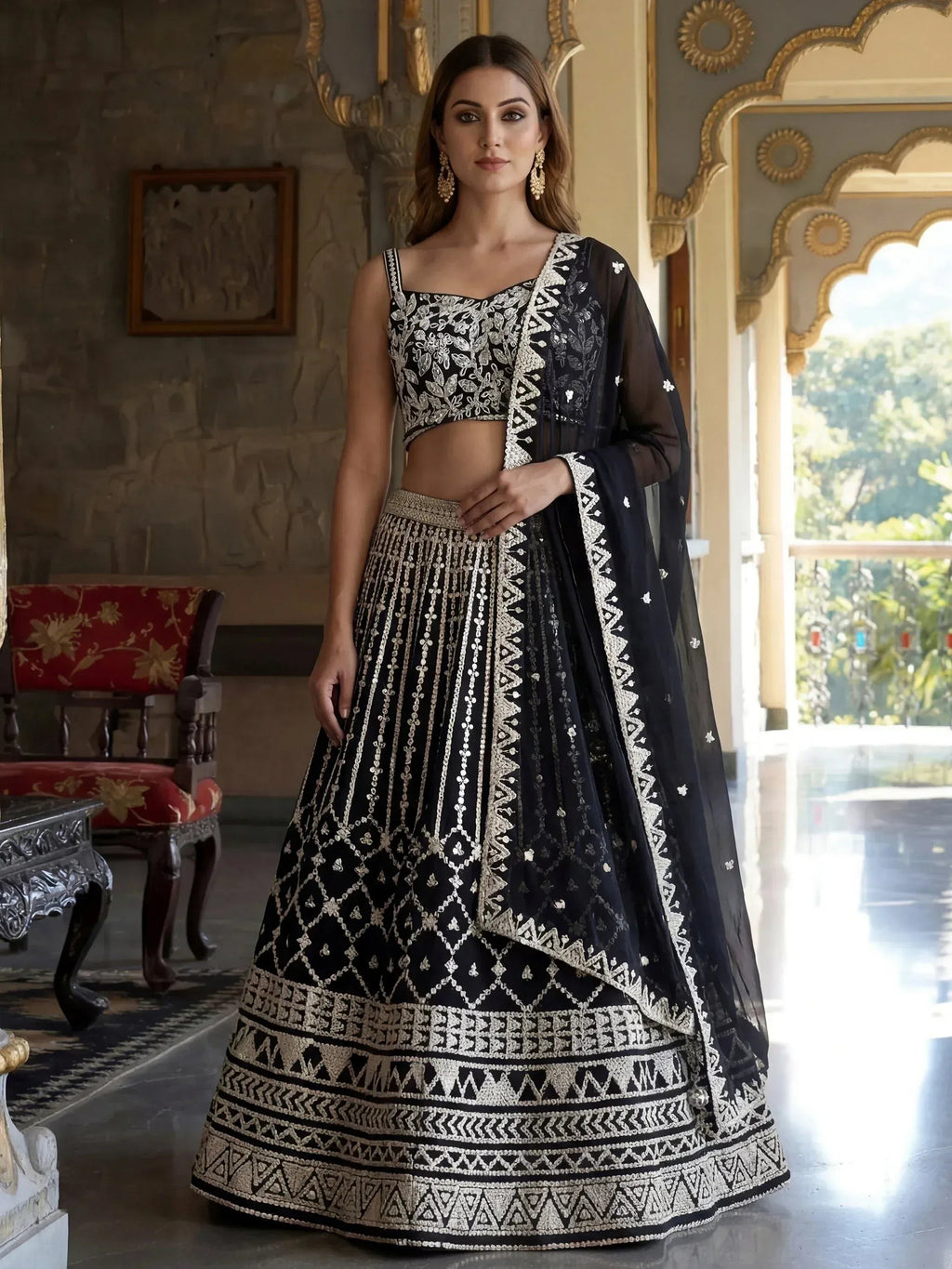 Tulsi Art Classic Black Sequins Embroidered Georgette Wedding Wear Lehenga Choli | Grocsy