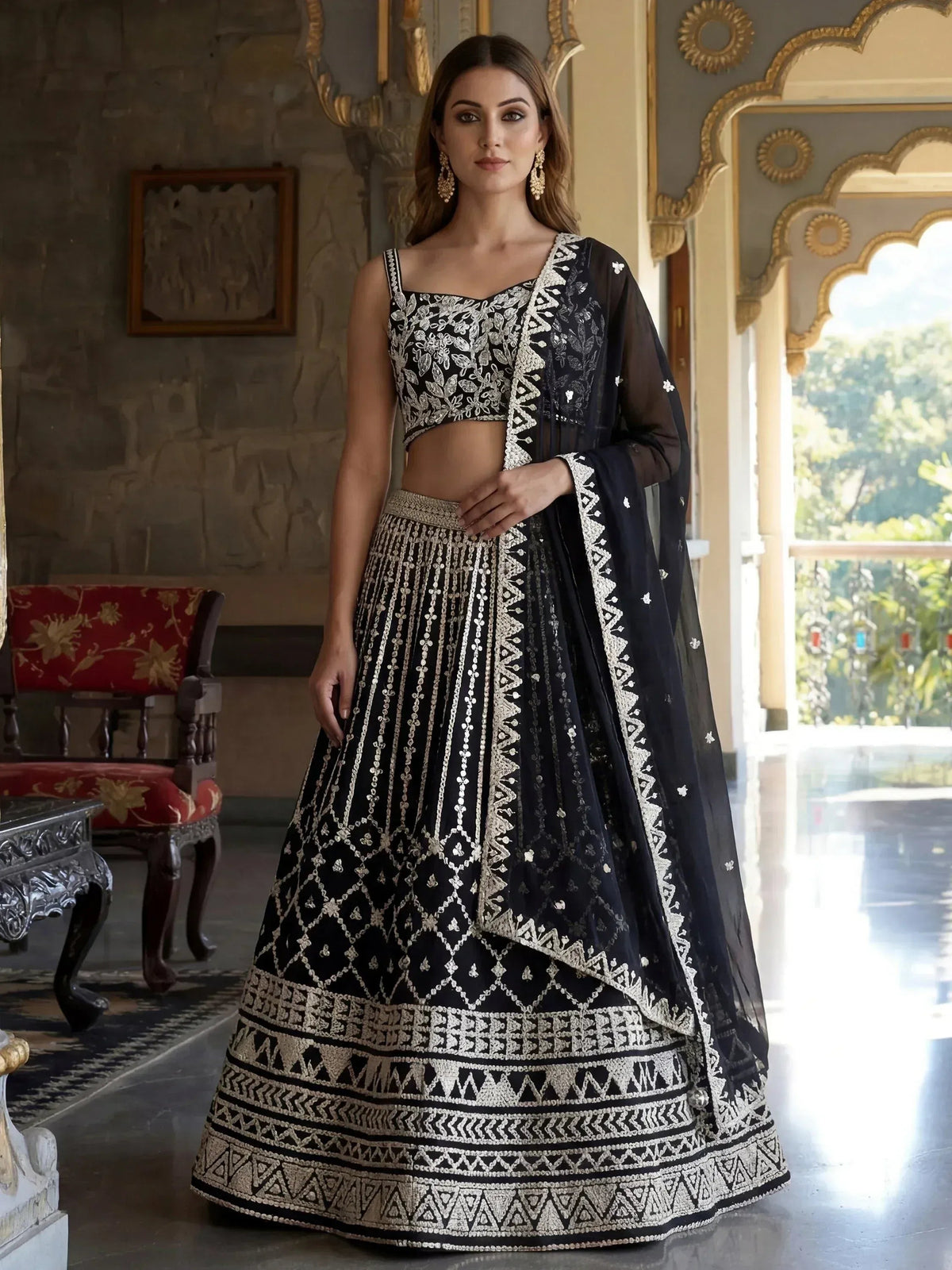 Tulsi Art Classic Black Sequins Embroidered Georgette Wedding Wear Lehenga Choli | Grocsy