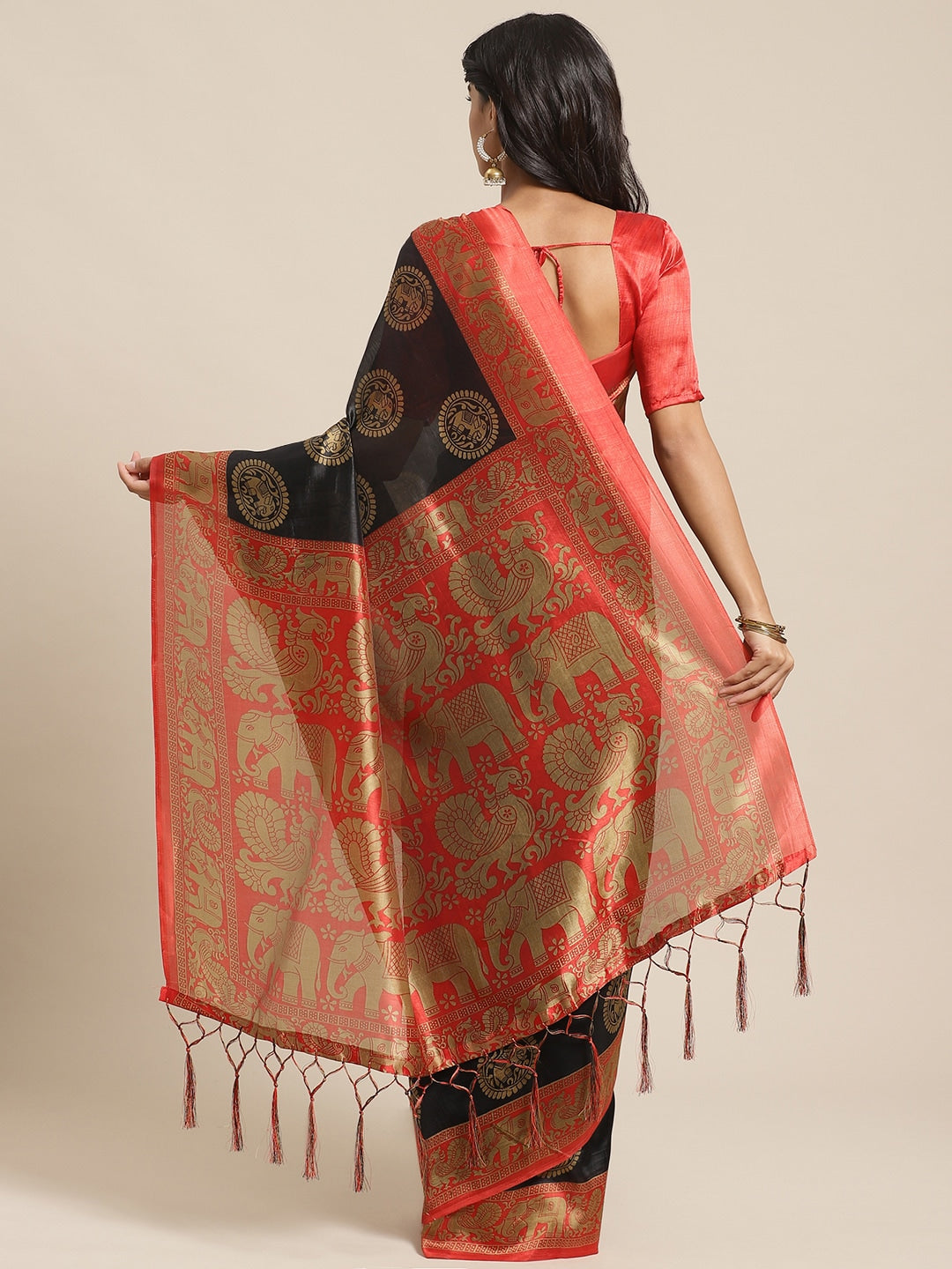 Saree Mall Black & Beige Art Silk Printed Bhagalpuri Saree | Grocsy