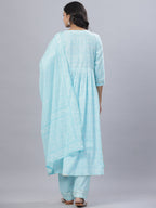 Juniper Women's Sky Blue Cotton Printed Straight Kurta Pant Dupatta Set | Grocsy