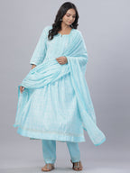 Juniper Women's Sky Blue Cotton Printed Straight Kurta Pant Dupatta Set | Grocsy