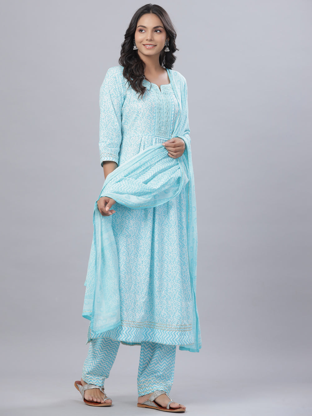 Juniper Women's Sky Blue Cotton Printed Straight Kurta Pant Dupatta Set | Grocsy