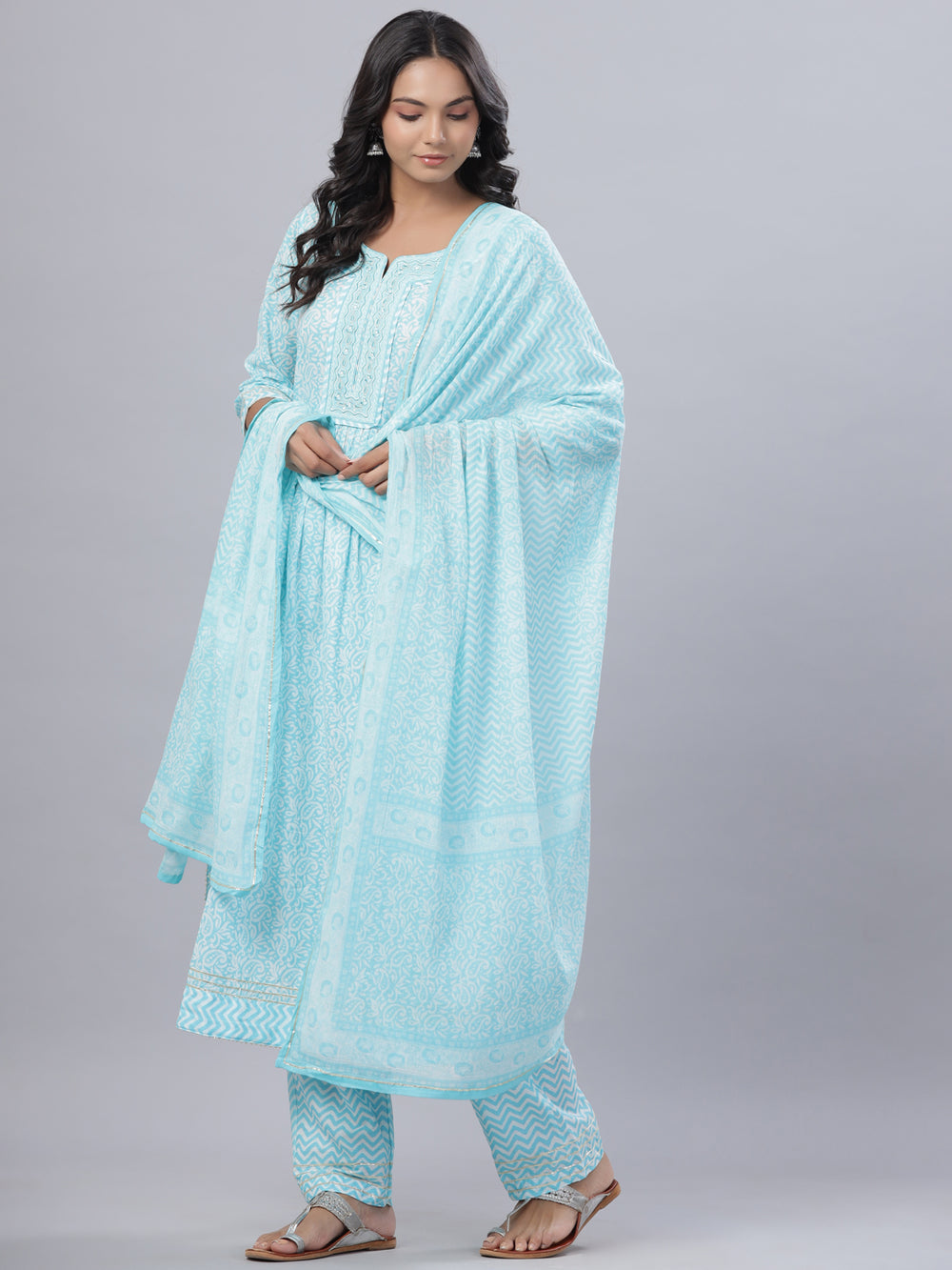 Juniper Women's Sky Blue Cotton Printed Straight Kurta Pant Dupatta Set | Grocsy