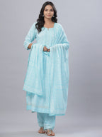 Juniper Women's Sky Blue Cotton Printed Straight Kurta Pant Dupatta Set | Grocsy