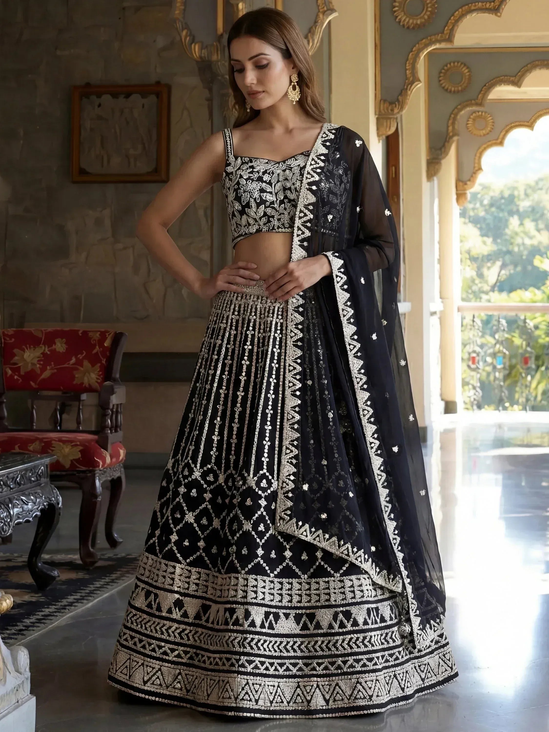 Tulsi Art Classic Black Sequins Embroidered Georgette Wedding Wear Lehenga Choli | Grocsy