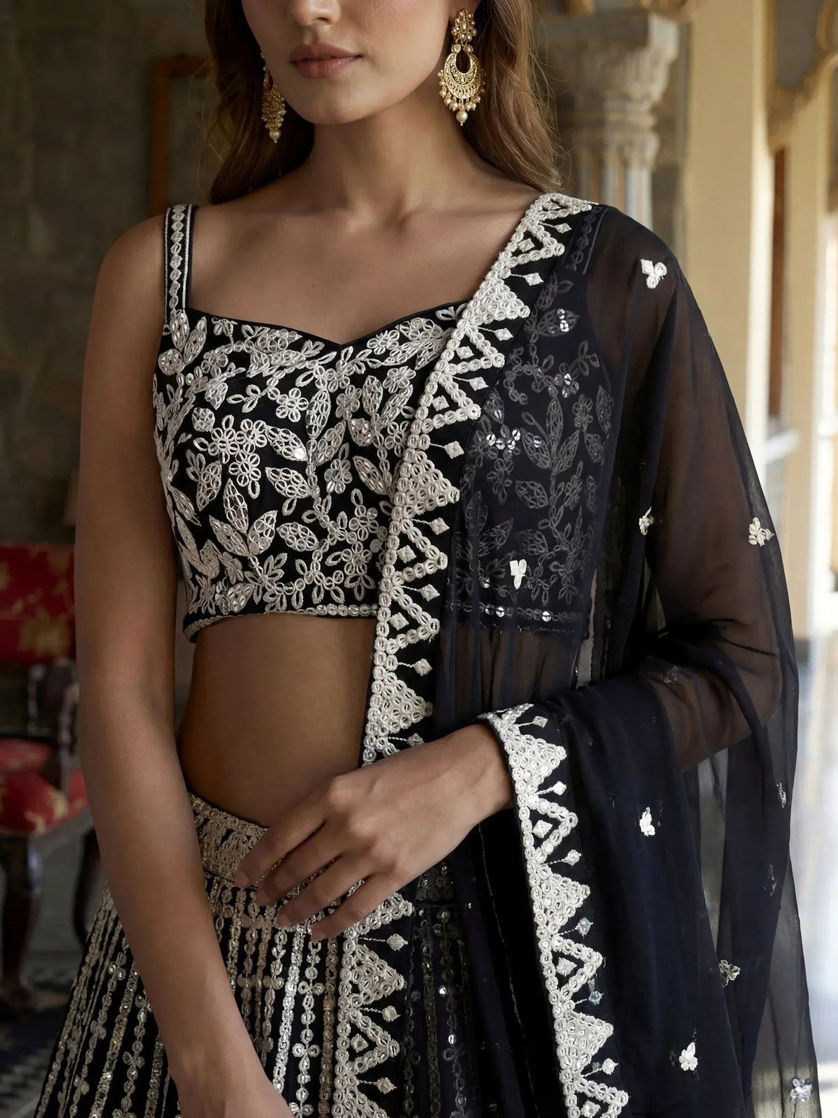Tulsi Art Classic Black Sequins Embroidered Georgette Wedding Wear Lehenga Choli | Grocsy