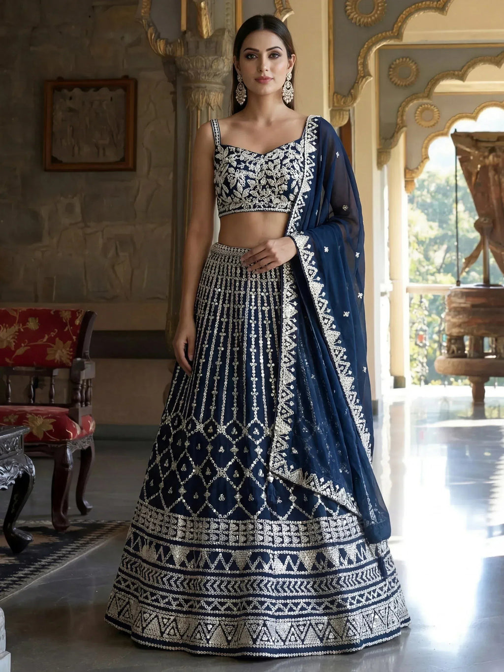 Tulsi Art Pretty Blue Sequins Embroidered Georgette Reception Wear Lehenga Choli | Grocsy