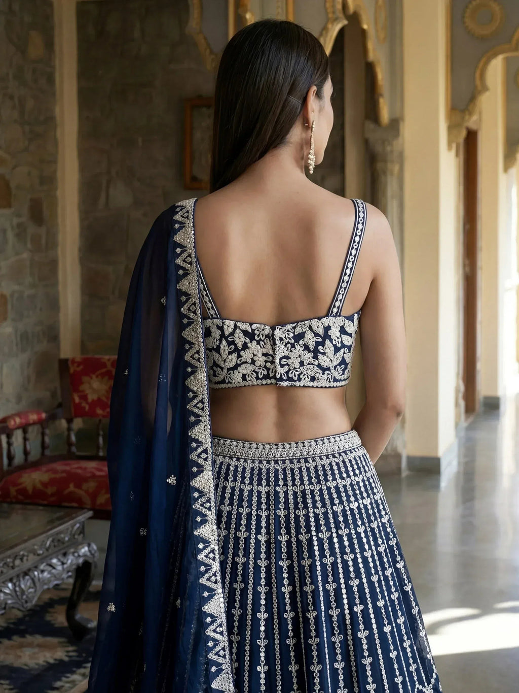 Tulsi Art Pretty Blue Sequins Embroidered Georgette Reception Wear Lehenga Choli | Grocsy