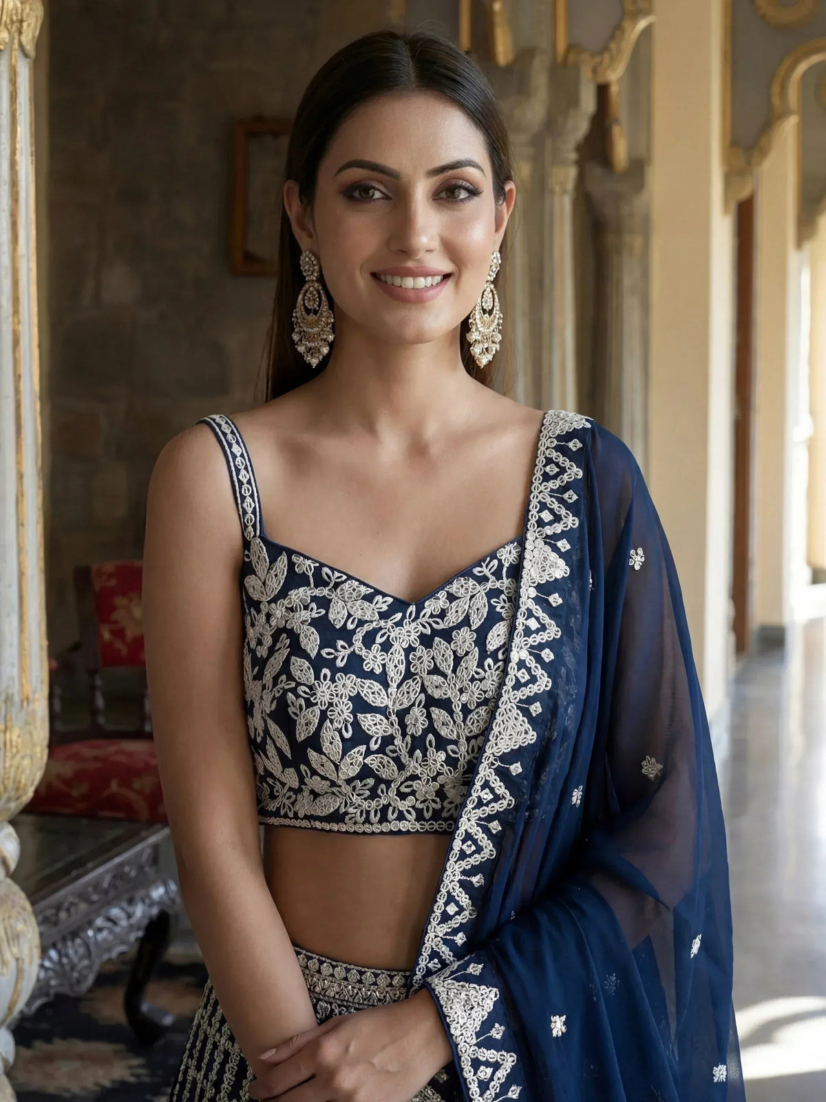Tulsi Art Pretty Blue Sequins Embroidered Georgette Reception Wear Lehenga Choli | Grocsy