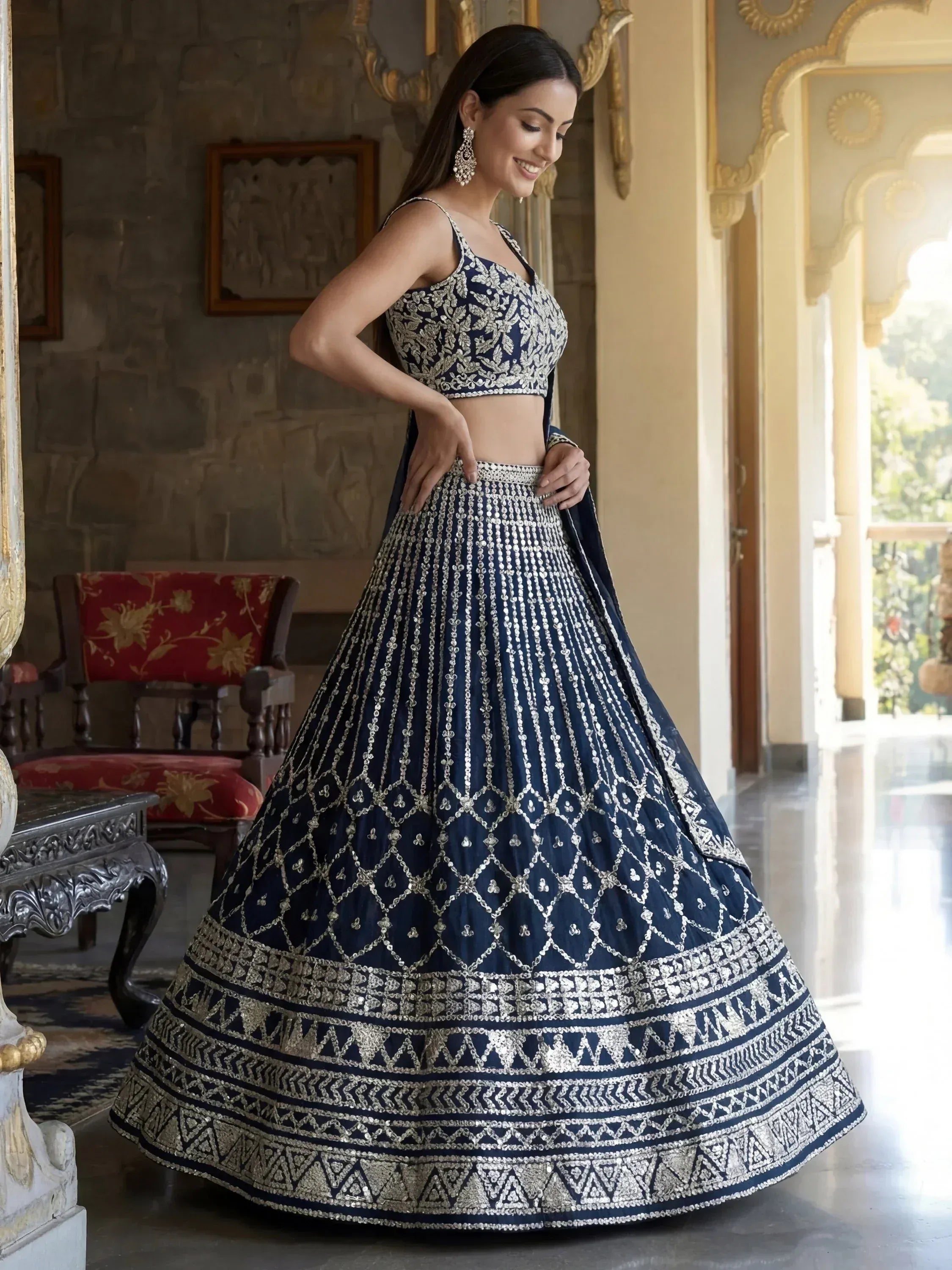 Tulsi Art Pretty Blue Sequins Embroidered Georgette Reception Wear Lehenga Choli | Grocsy