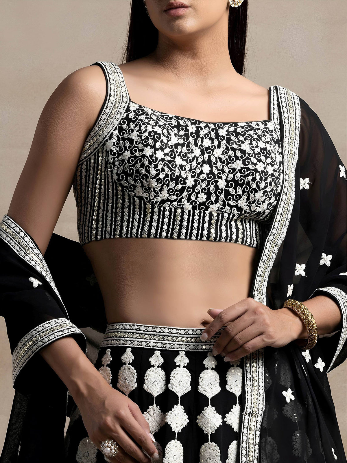 Tulsi Art Incredible Black Thread Embroidered Georgette Lehenga Choli | Grocsy