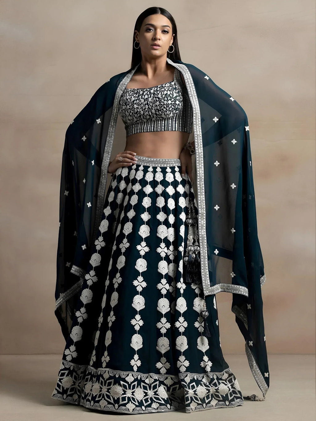 Tulsi Art Lovely Dark Green Thread Work Georgette Festival Wear Lehenga Choli | Grocsy