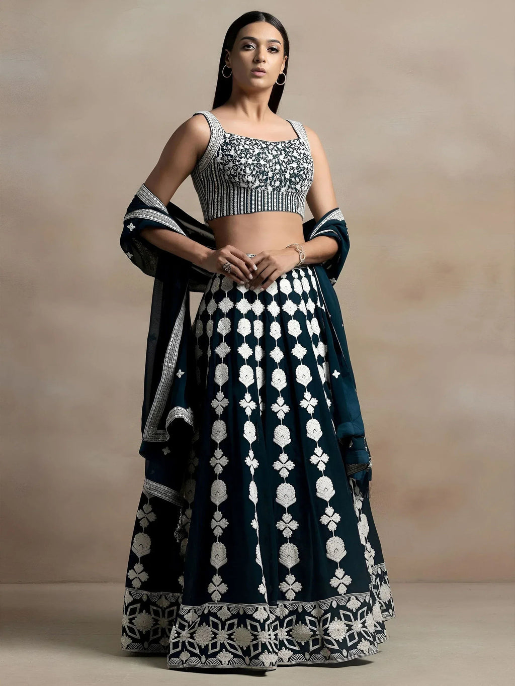 Tulsi Art Lovely Dark Green Thread Work Georgette Festival Wear Lehenga Choli | Grocsy