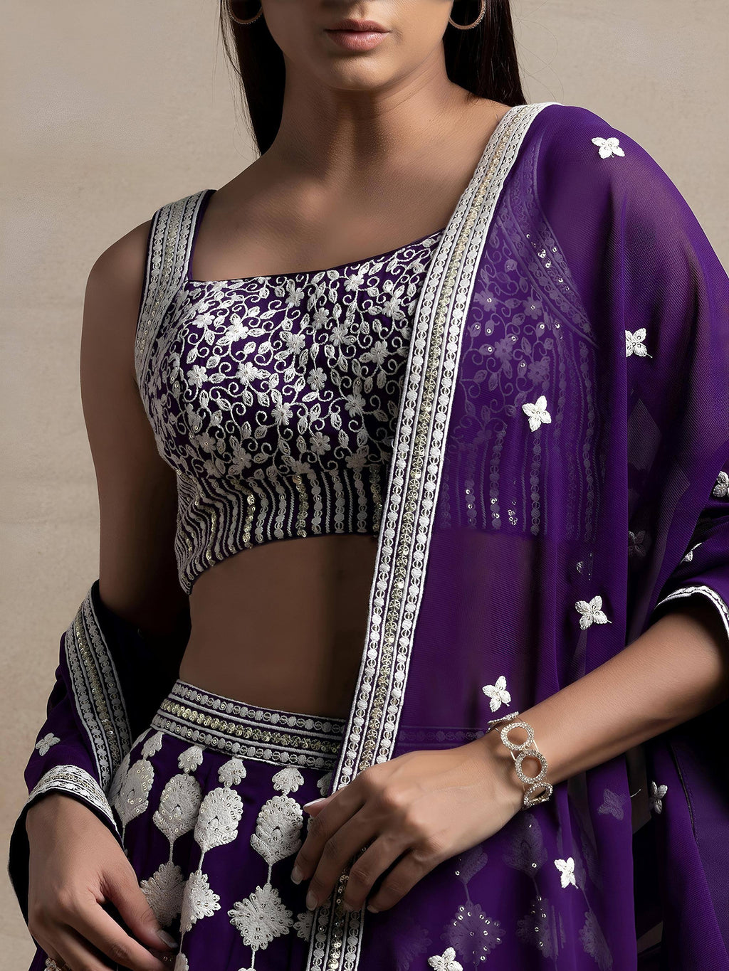 Tulsi Art Beautiful Purple Thread Work Georgette Wedding Wear Lehenga Choli | Grocsy
