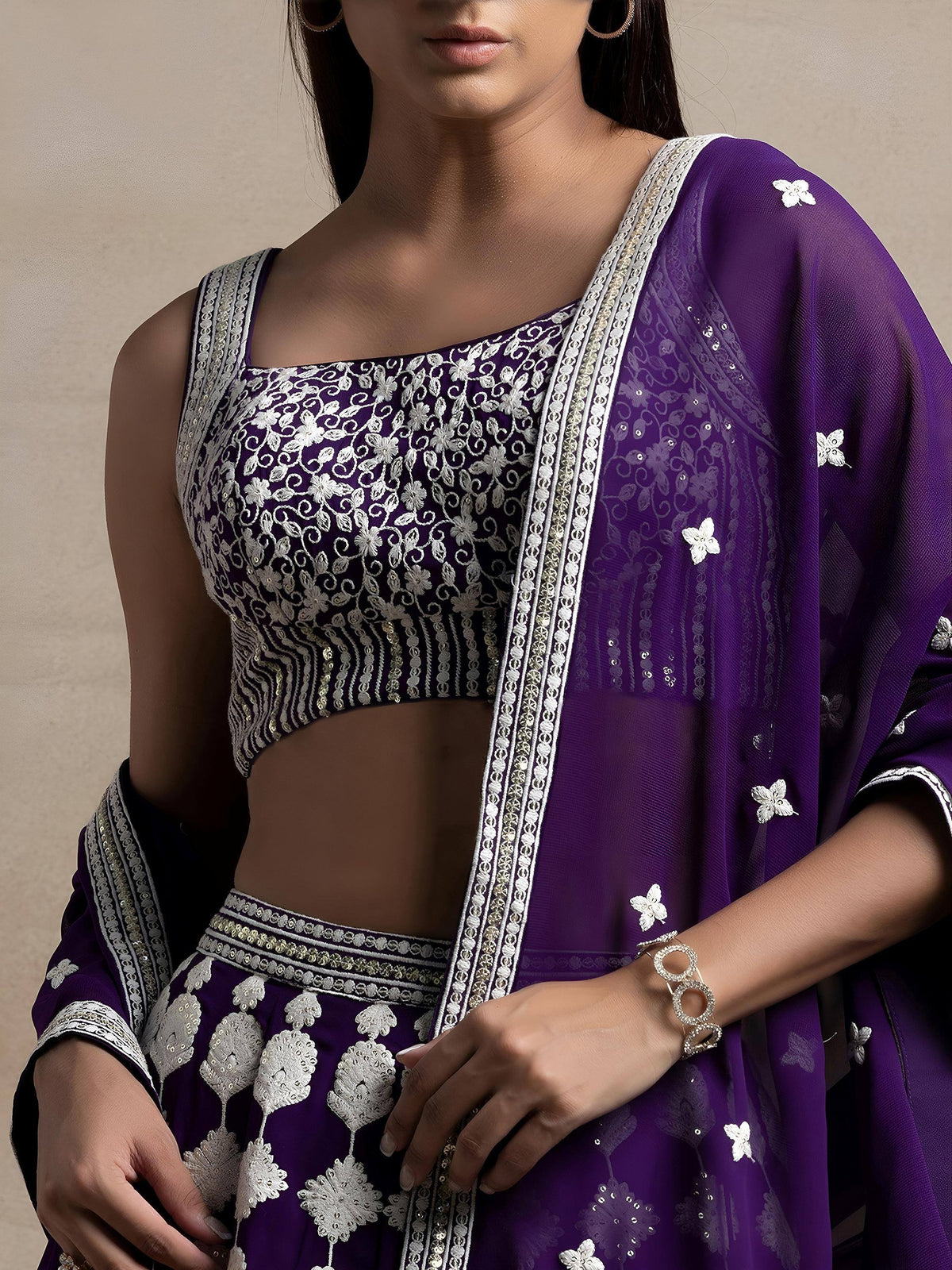 Tulsi Art Beautiful Purple Thread Work Georgette Wedding Wear Lehenga Choli | Grocsy