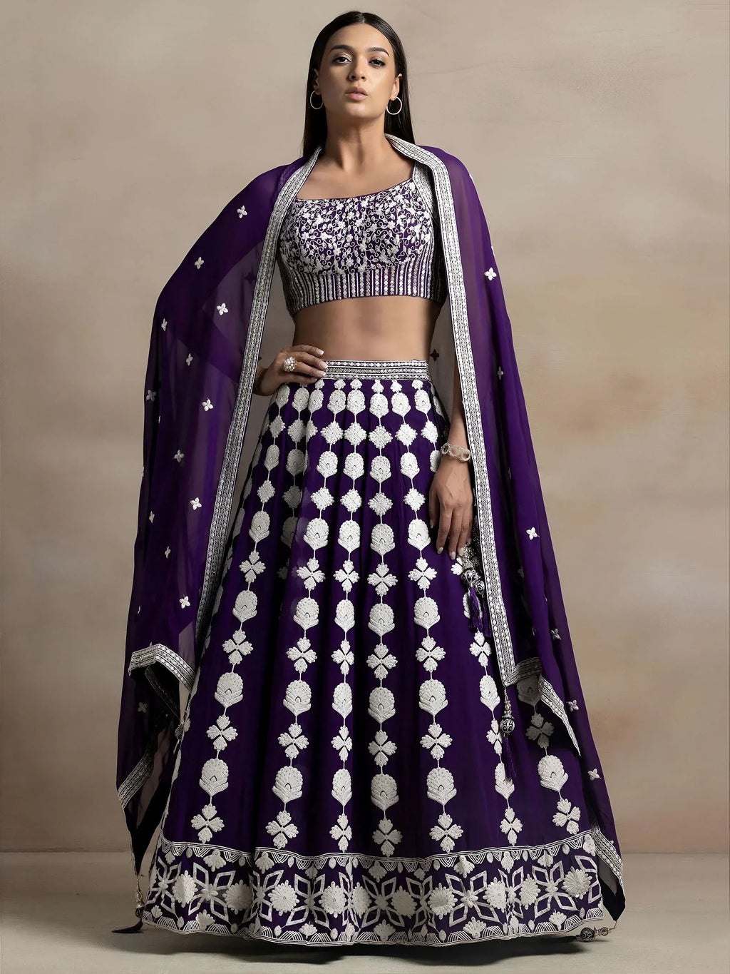 Tulsi Art Beautiful Purple Thread Work Georgette Wedding Wear Lehenga Choli | Grocsy
