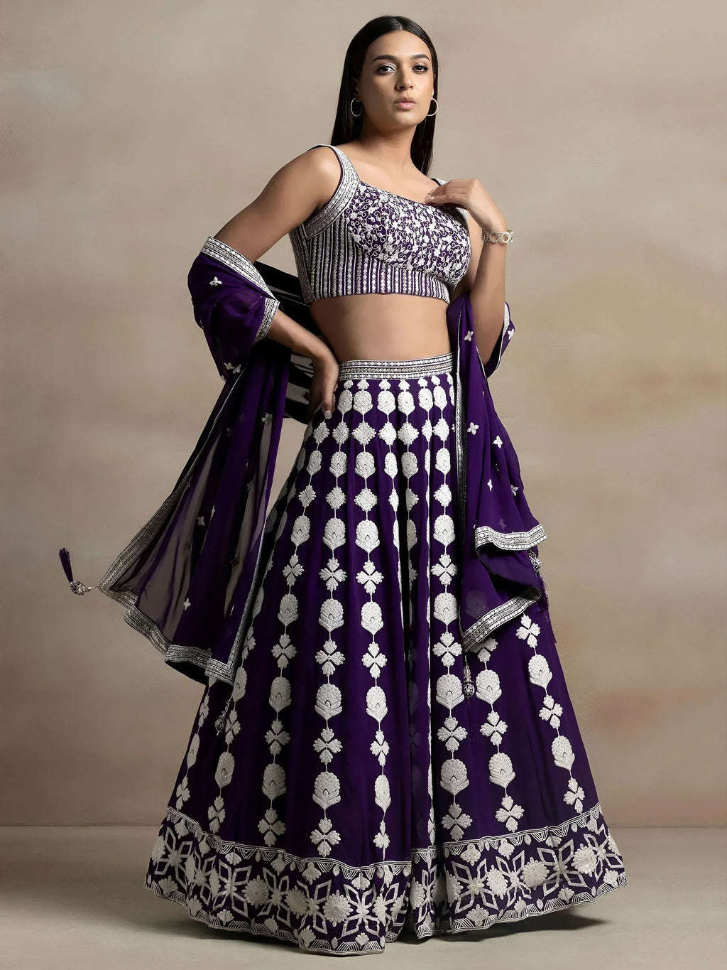 Tulsi Art Beautiful Purple Thread Work Georgette Wedding Wear Lehenga Choli | Grocsy