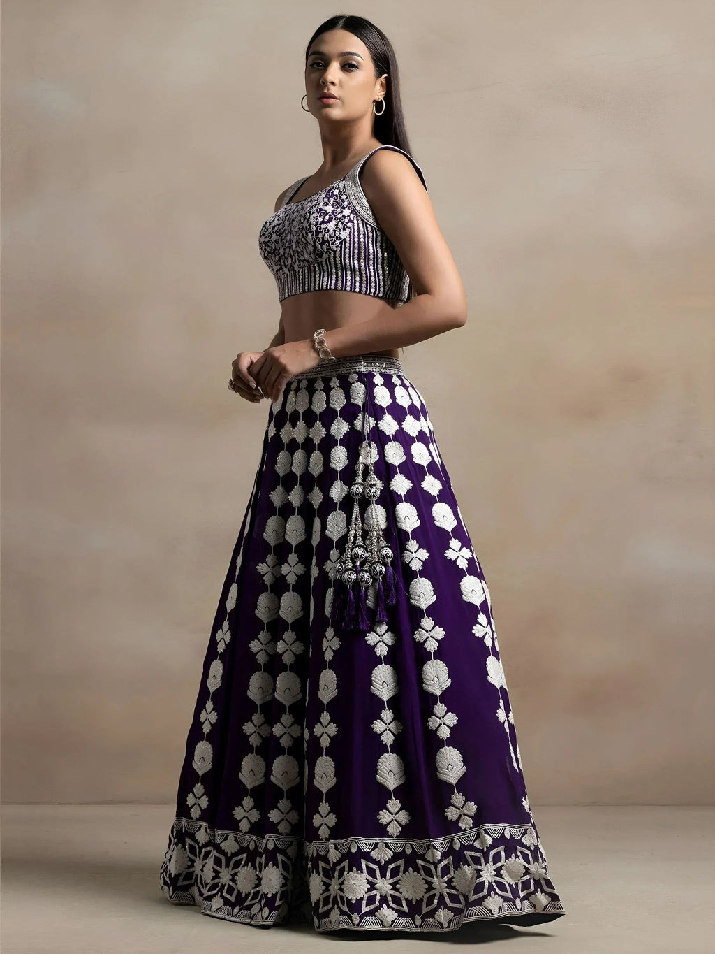 Tulsi Art Beautiful Purple Thread Work Georgette Wedding Wear Lehenga Choli | Grocsy