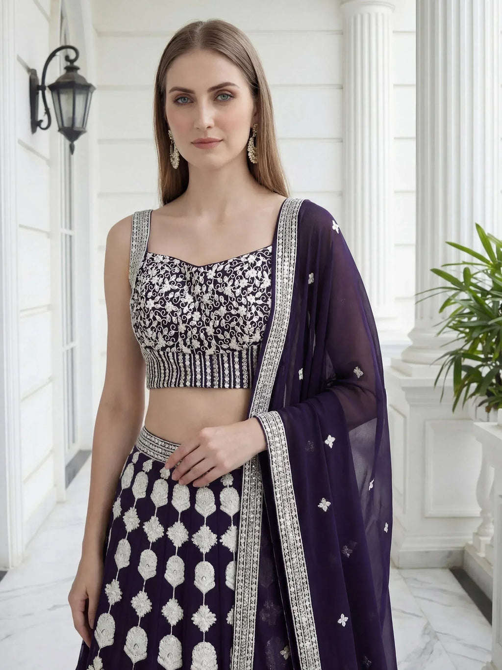 Tulsi Art Dazzling Purple Sequins Embroidered Georgette Party Wear Lehenga Choli | Grocsy