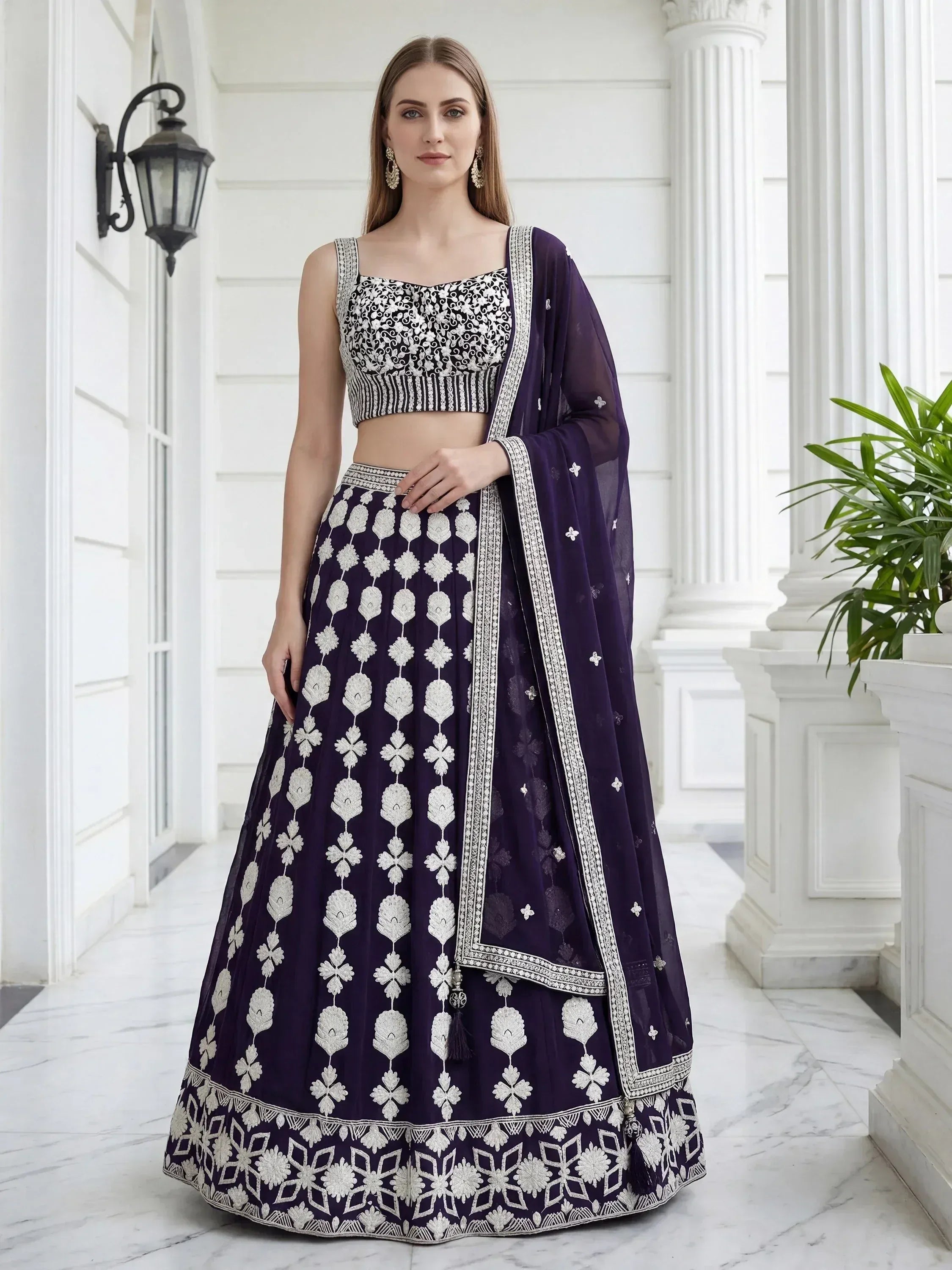 Tulsi Art Dazzling Purple Sequins Embroidered Georgette Party Wear Lehenga Choli | Grocsy