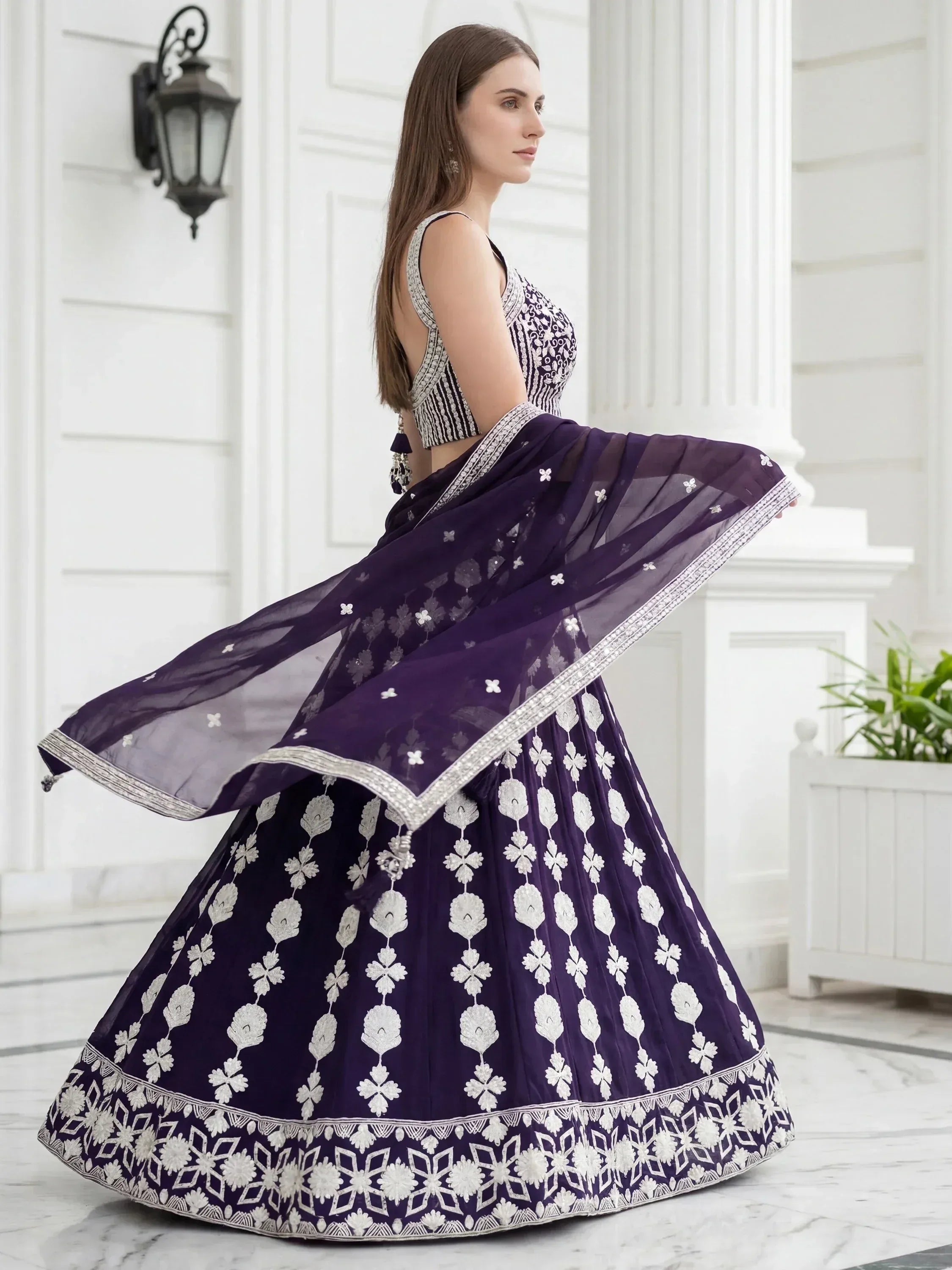 Tulsi Art Dazzling Purple Sequins Embroidered Georgette Party Wear Lehenga Choli | Grocsy