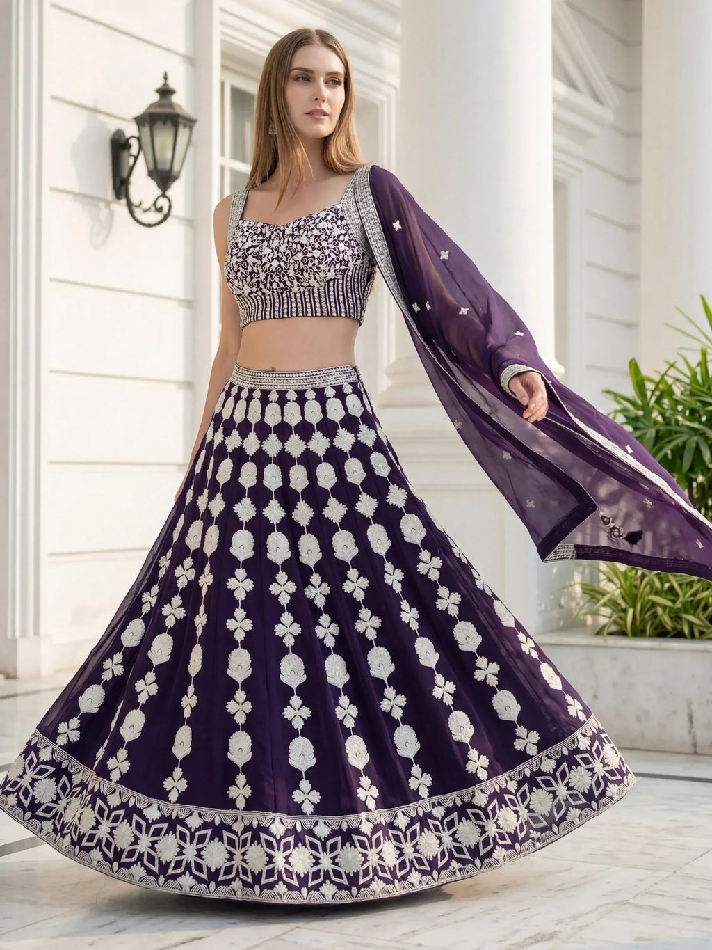 Tulsi Art Dazzling Purple Sequins Embroidered Georgette Party Wear Lehenga Choli | Grocsy