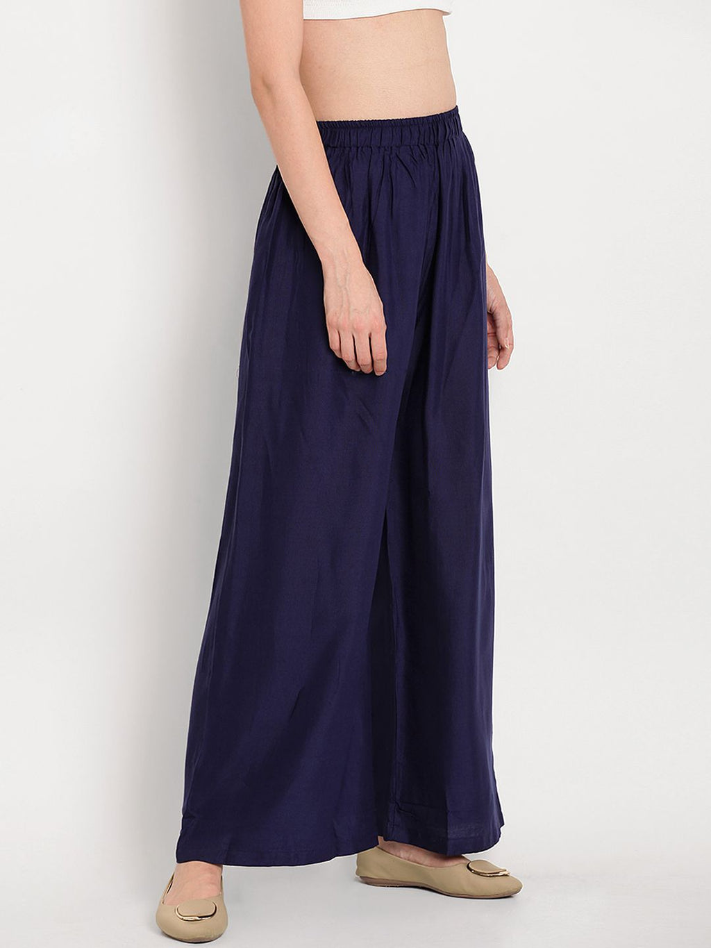 TAG 7 Women Navy Blue Solid Flared Palazzos | Grocsy