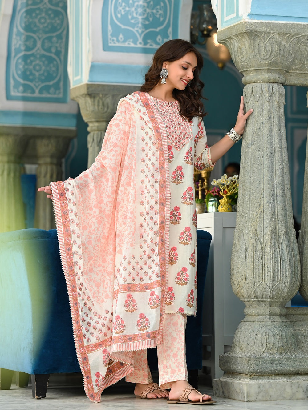 Juniper Women's Beige Cotton Printed Straight Kurta Pant Dupatta Set | Grocsy