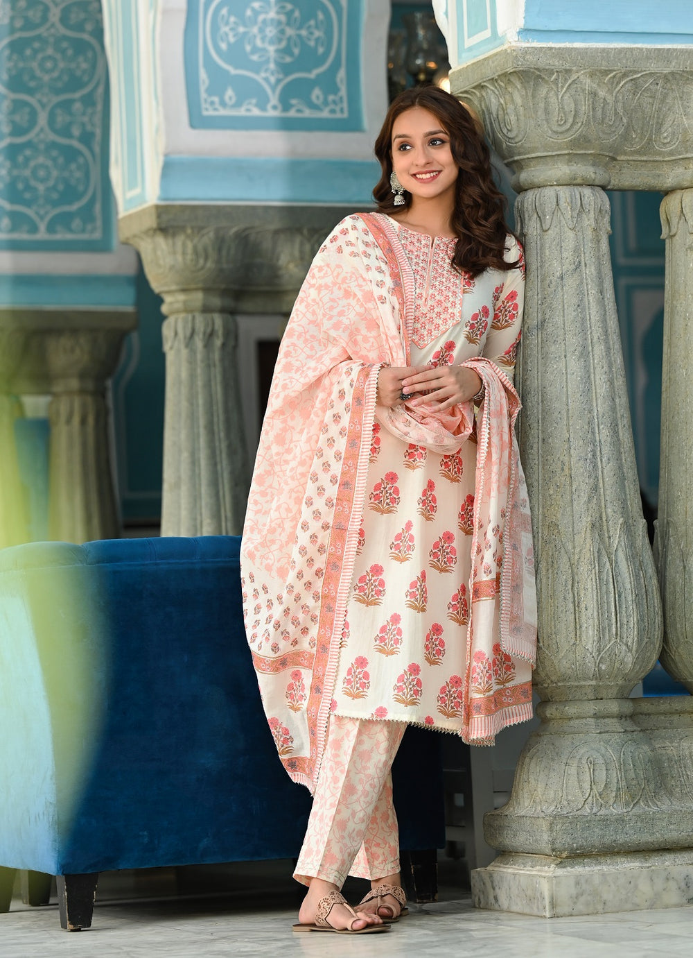 Juniper Women's Beige Cotton Printed Straight Kurta Pant Dupatta Set | Grocsy