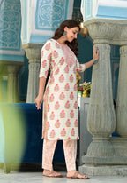 Juniper Women's Beige Cotton Printed Straight Kurta Pant Dupatta Set | Grocsy