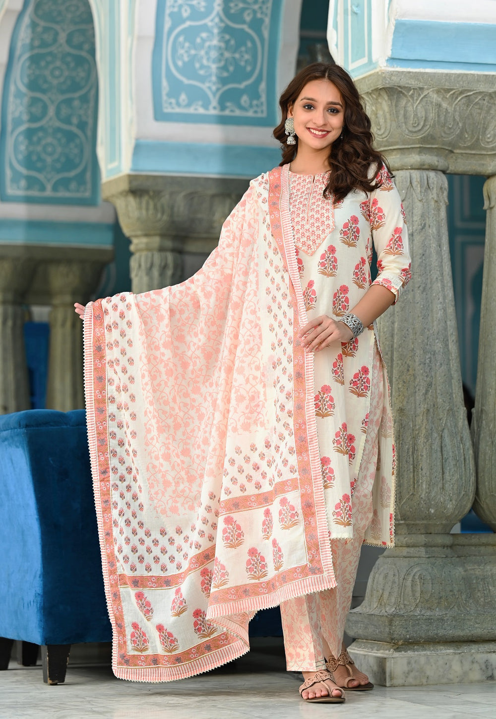 Juniper Women's Beige Cotton Printed Straight Kurta Pant Dupatta Set | Grocsy