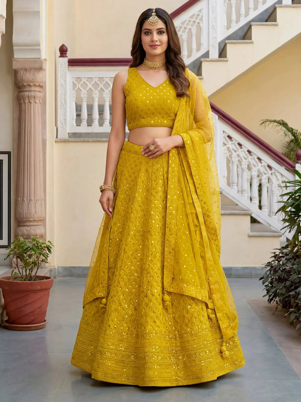 Tulsi Art Fantastic Yellow Embroidered Georgette Haldi Wear Lehenga Choli | Grocsy