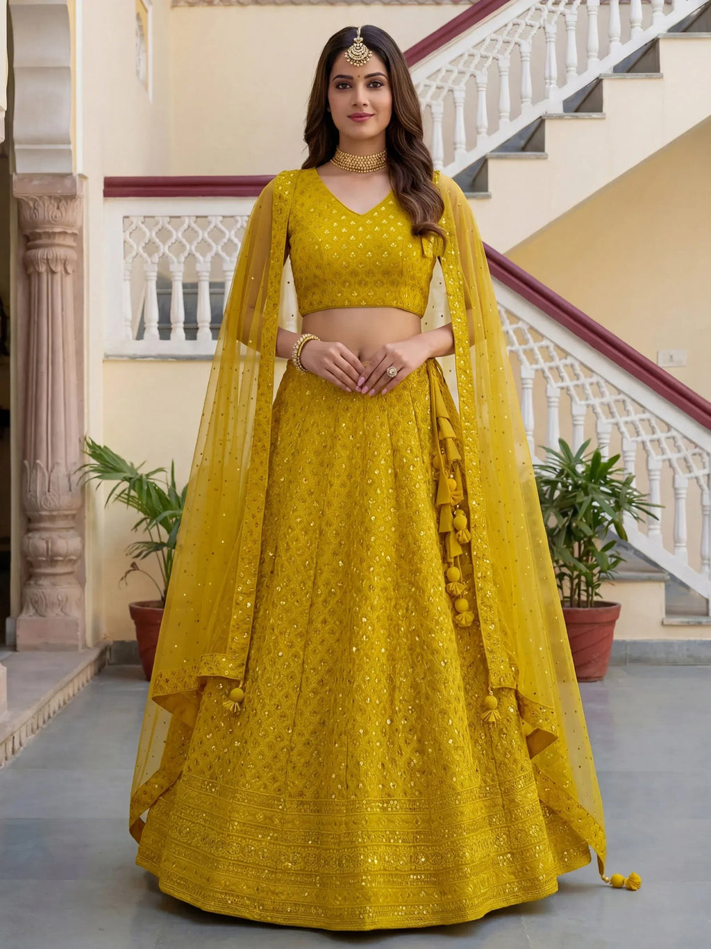 Tulsi Art Fantastic Yellow Embroidered Georgette Haldi Wear Lehenga Choli | Grocsy
