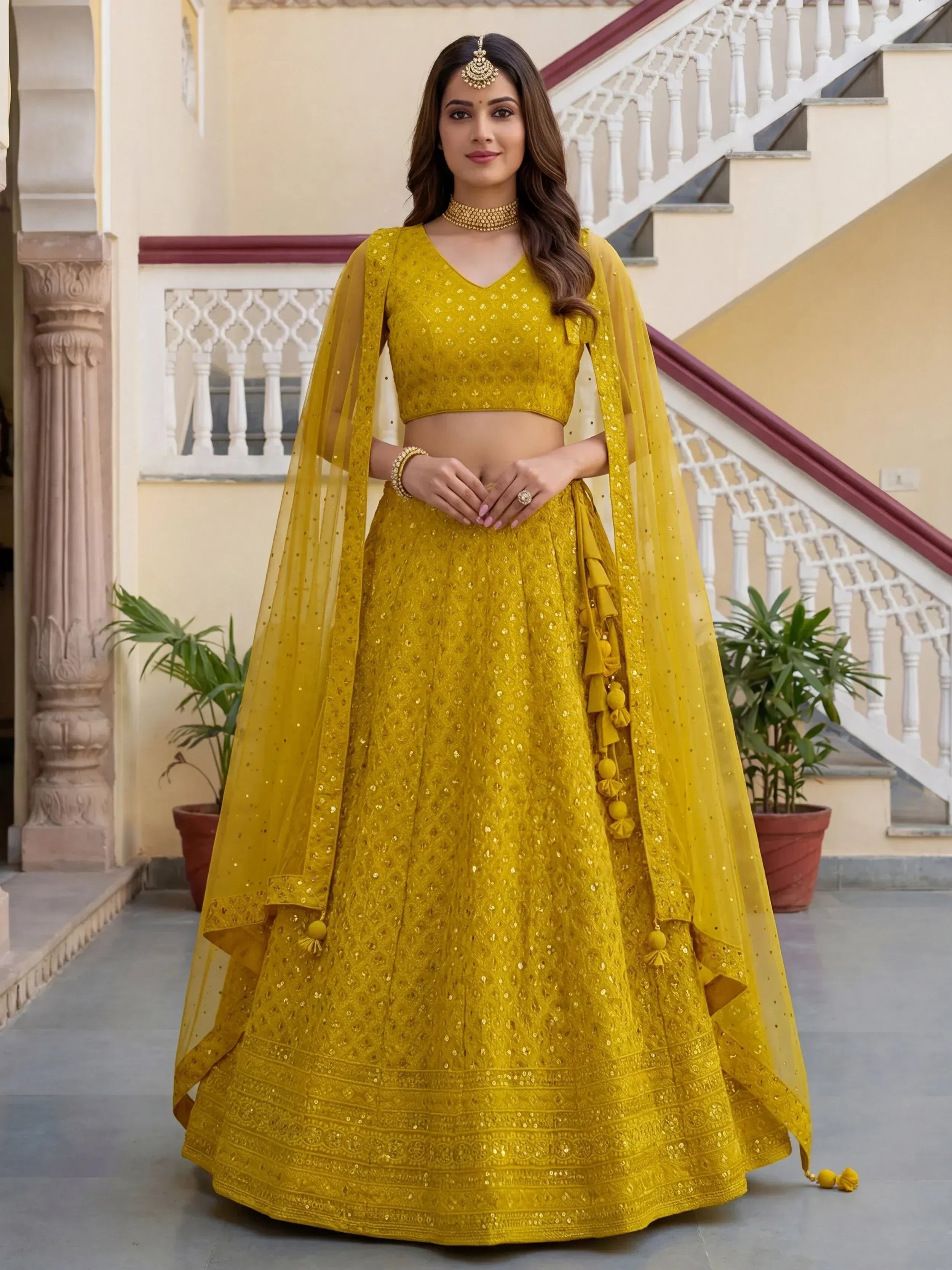 Tulsi Art Fantastic Yellow Embroidered Georgette Haldi Wear Lehenga Choli | Grocsy