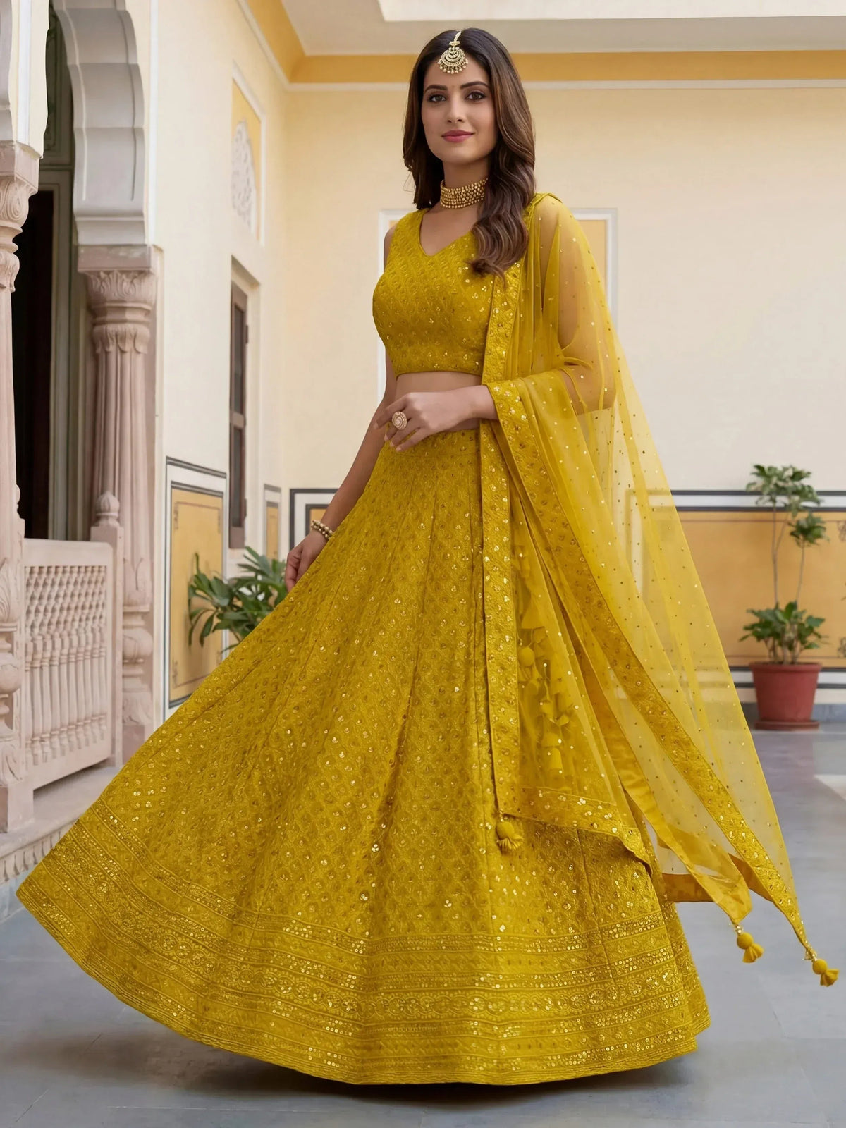 Tulsi Art Fantastic Yellow Embroidered Georgette Haldi Wear Lehenga Choli | Grocsy