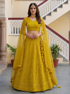 Tulsi Art Fantastic Yellow Embroidered Georgette Haldi Wear Lehenga Choli | Grocsy
