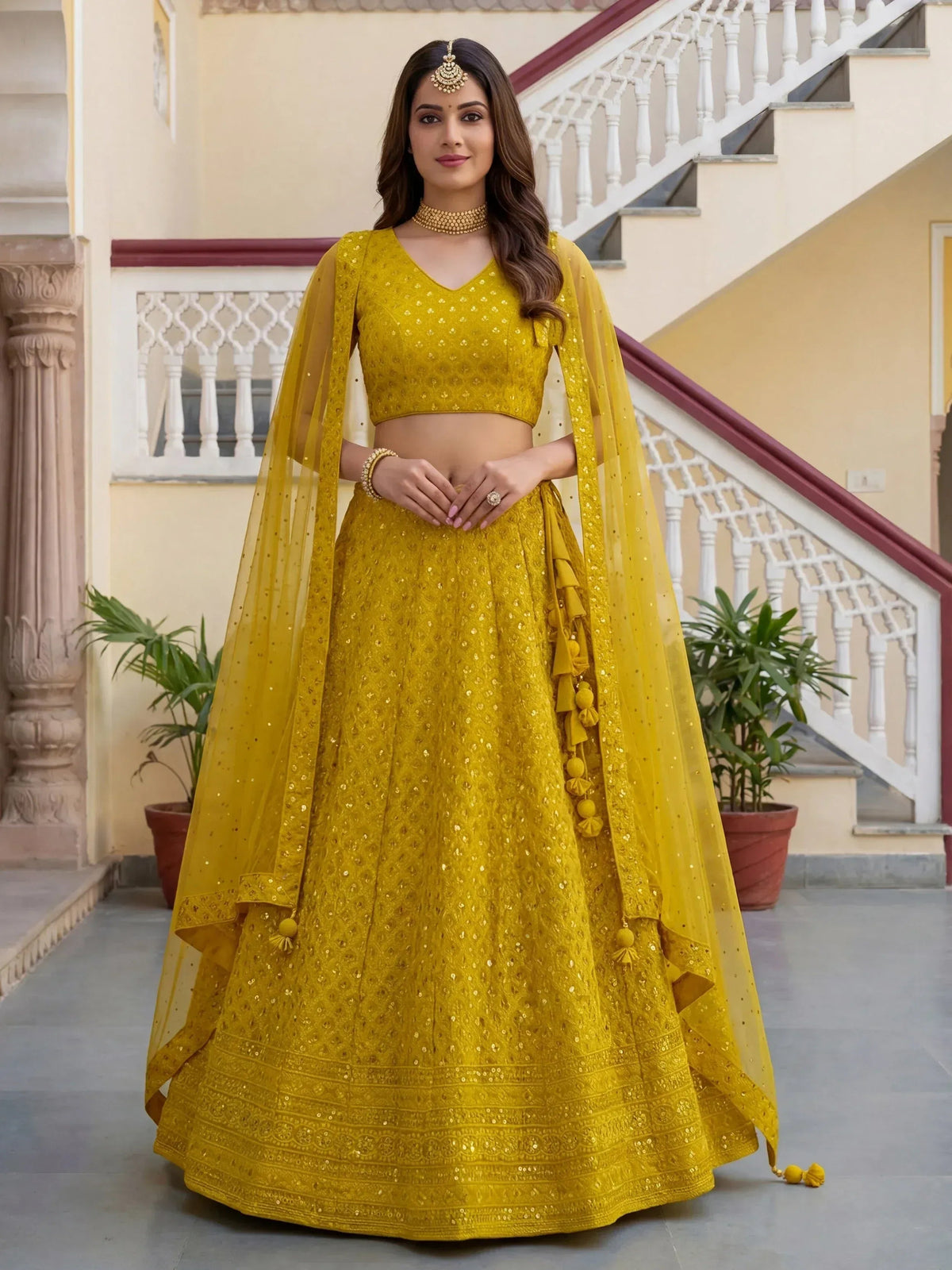 Tulsi Art Fantastic Yellow Embroidered Georgette Haldi Wear Lehenga Choli | Grocsy