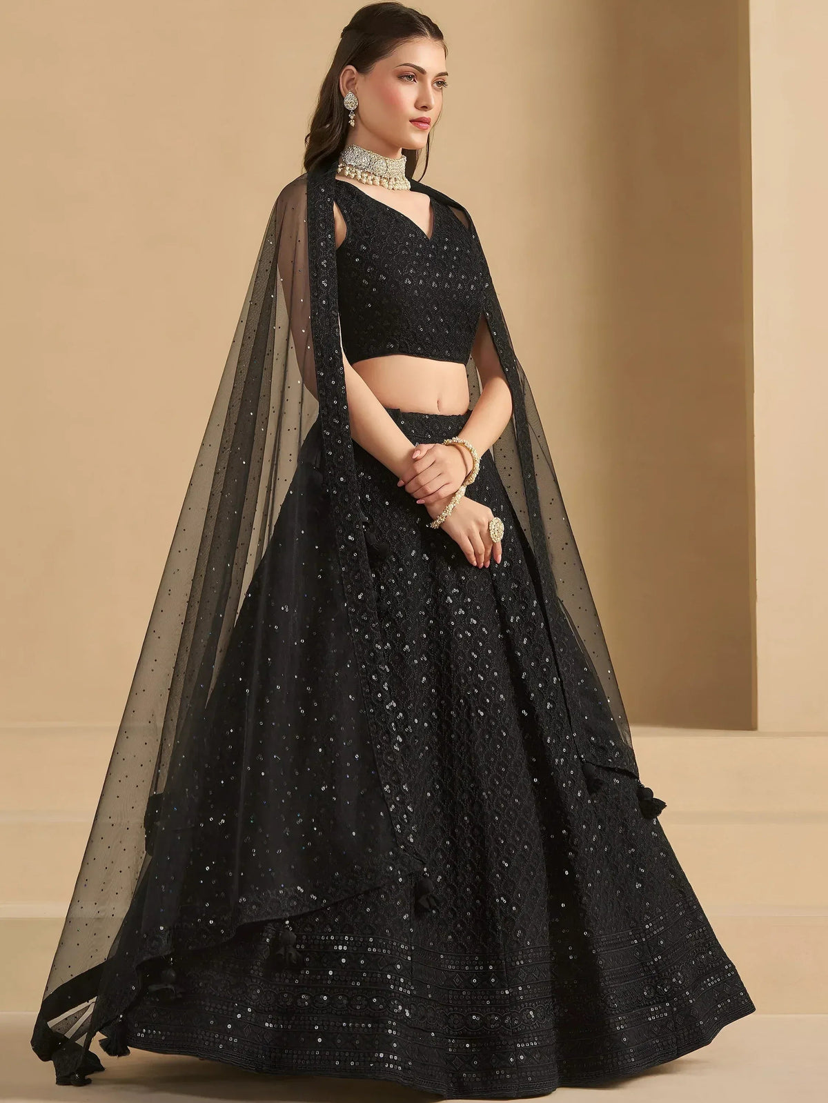 Tulsi Art Captivating Black Thread Work Georgette Party Wear Lehenga Choli | Grocsy