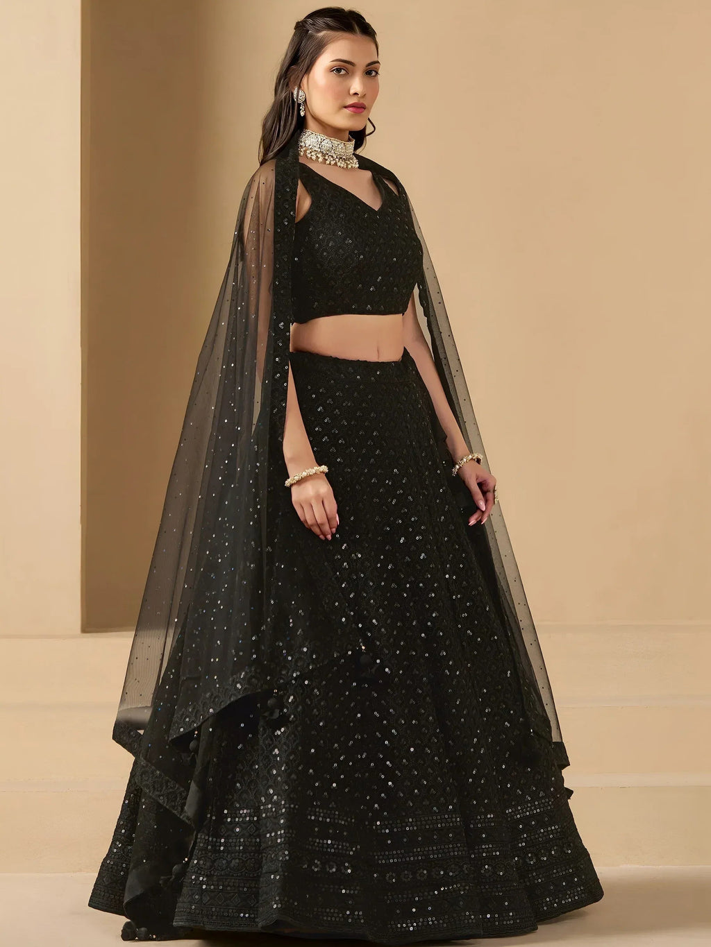 Tulsi Art Captivating Black Thread Work Georgette Party Wear Lehenga Choli | Grocsy