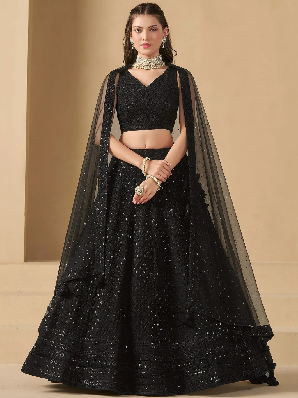 Tulsi Art Captivating Black Thread Work Georgette Party Wear Lehenga Choli | Grocsy