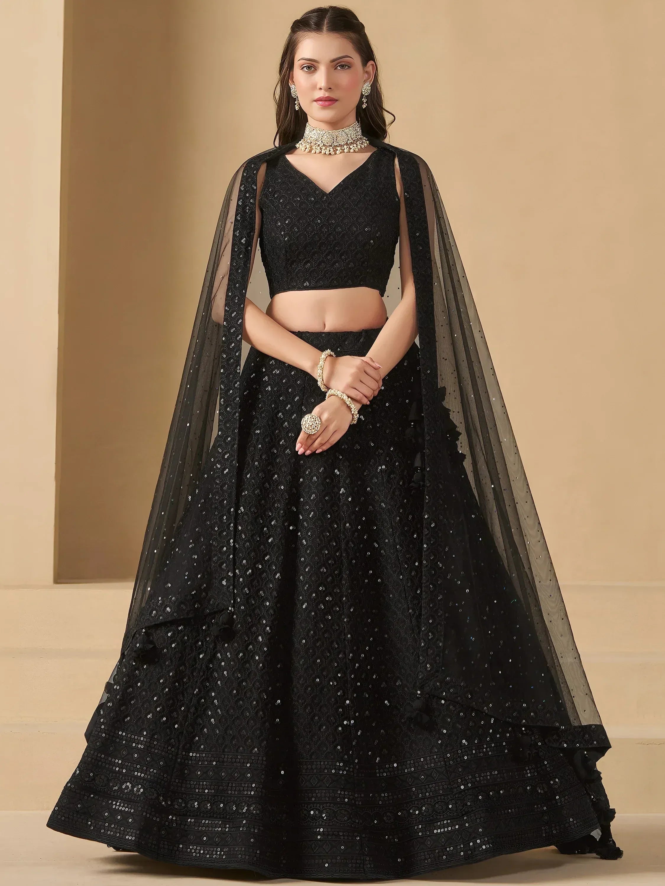 Tulsi Art Captivating Black Thread Work Georgette Party Wear Lehenga Choli | Grocsy